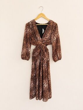 Anthropologie Ranna Gill Leopard Printed Cut Out Midi Dress XS